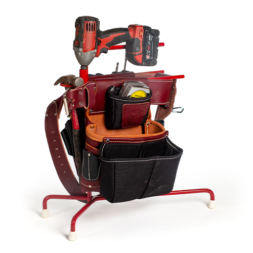 Mantis Tool Belt Stand full of tools, toolbelt and accessories